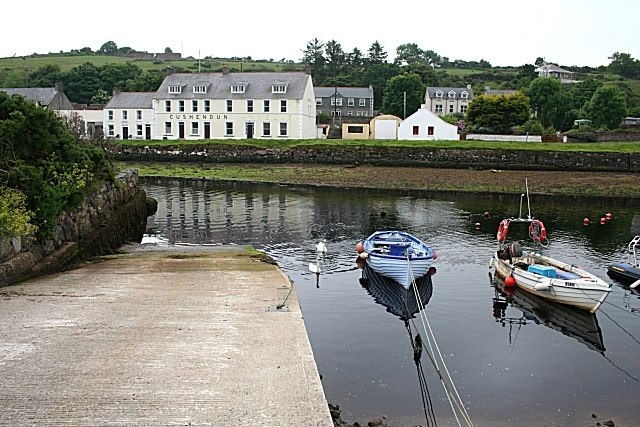 Boats and houses around Cushendun harbor