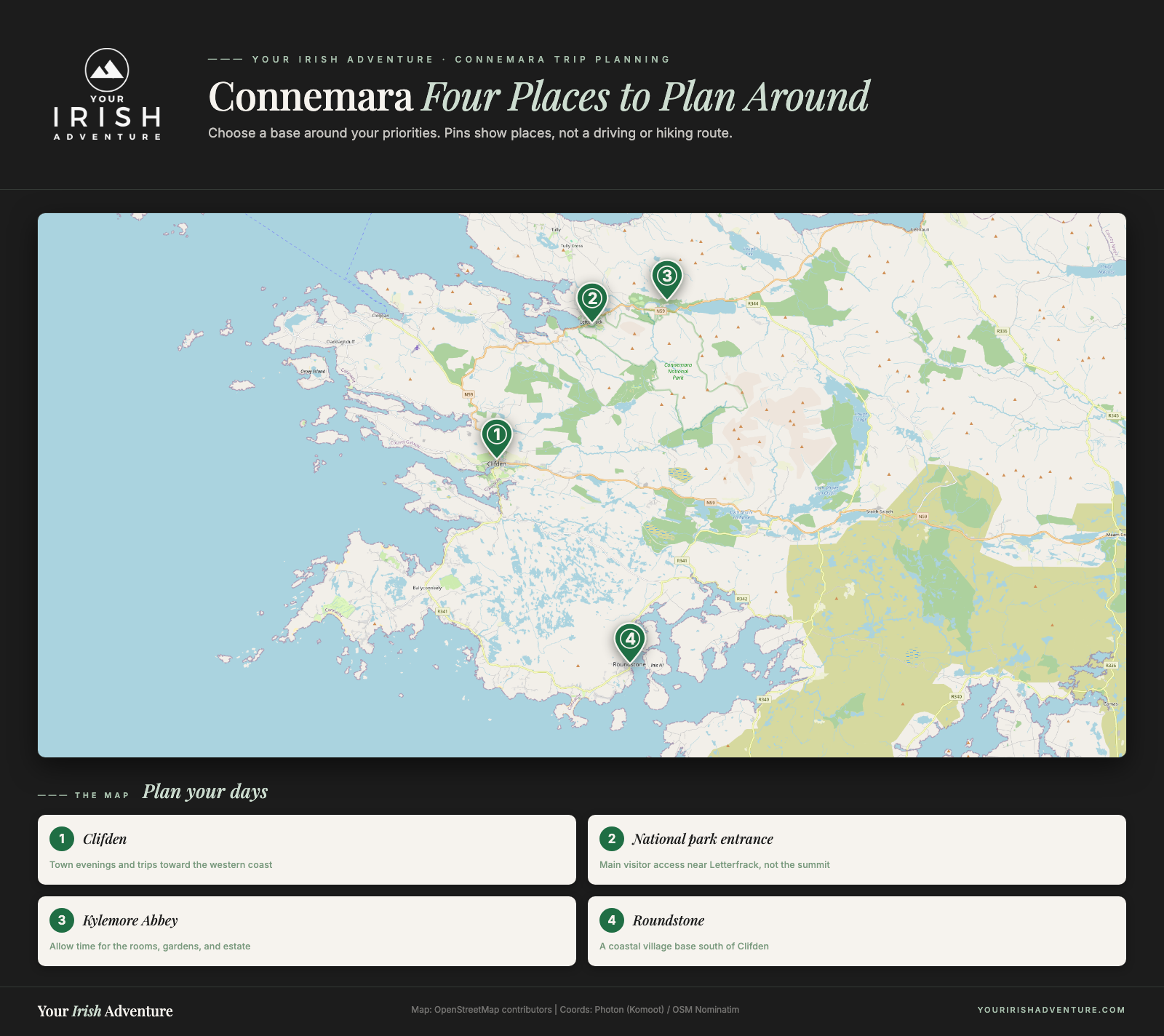 Map locating Clifden, Connemara National Park entrance, Kylemore Abbey, and Roundstone