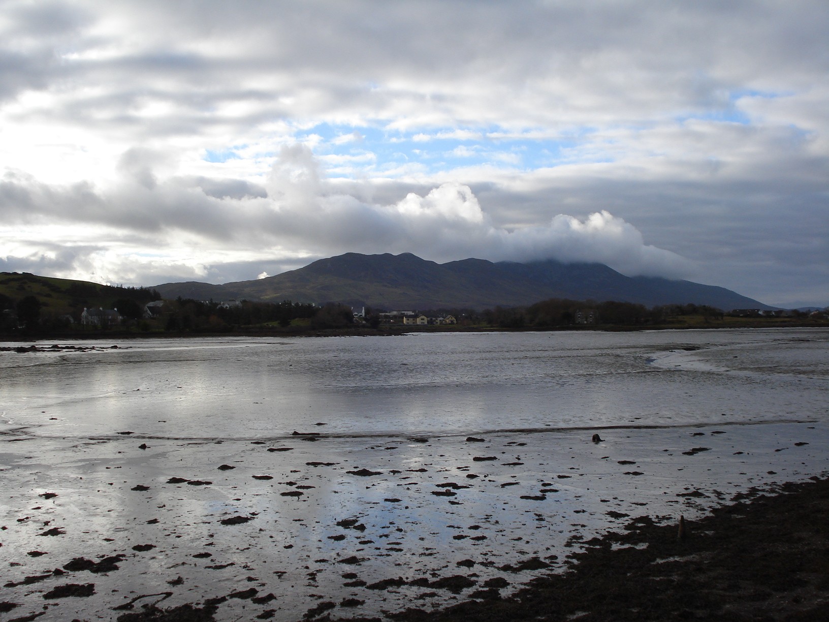 Low cloud covering Croagh Patrick across the bay from Westport