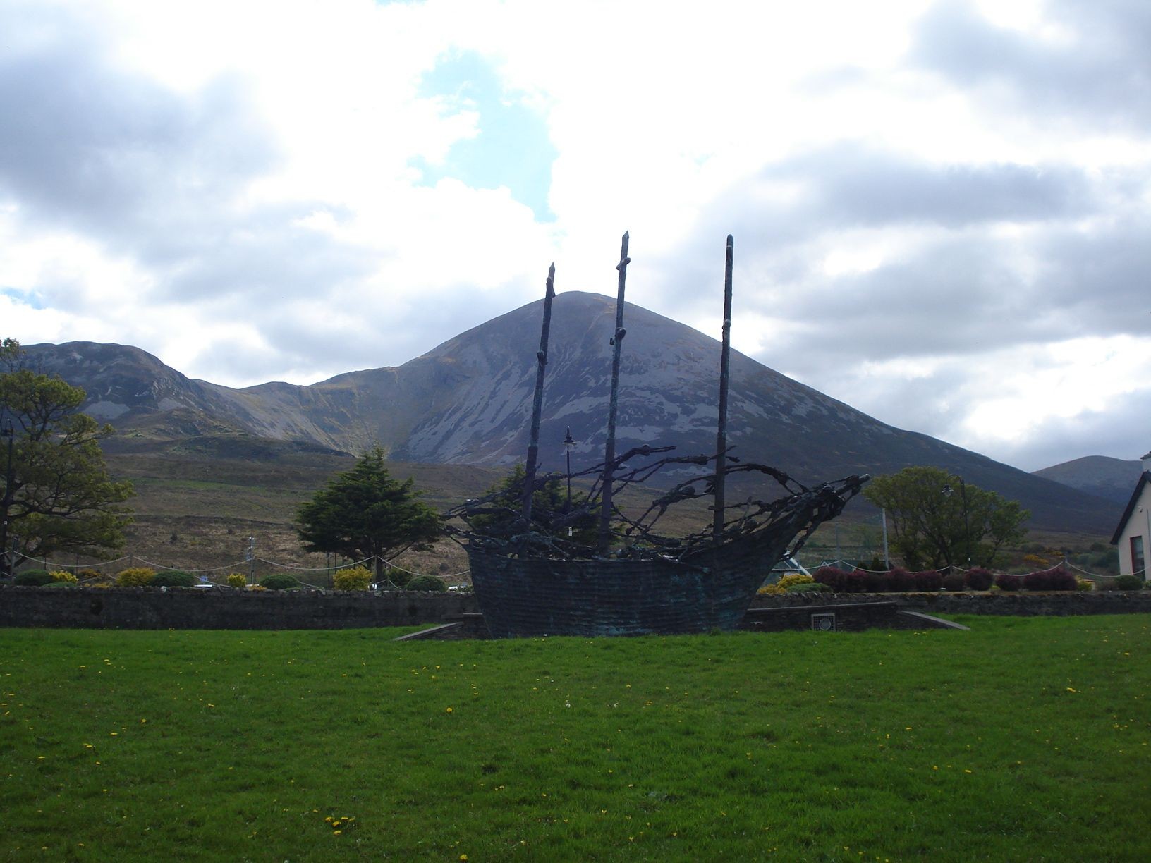 National Famine Memorial in Murrisk with Croagh Patrick behind it