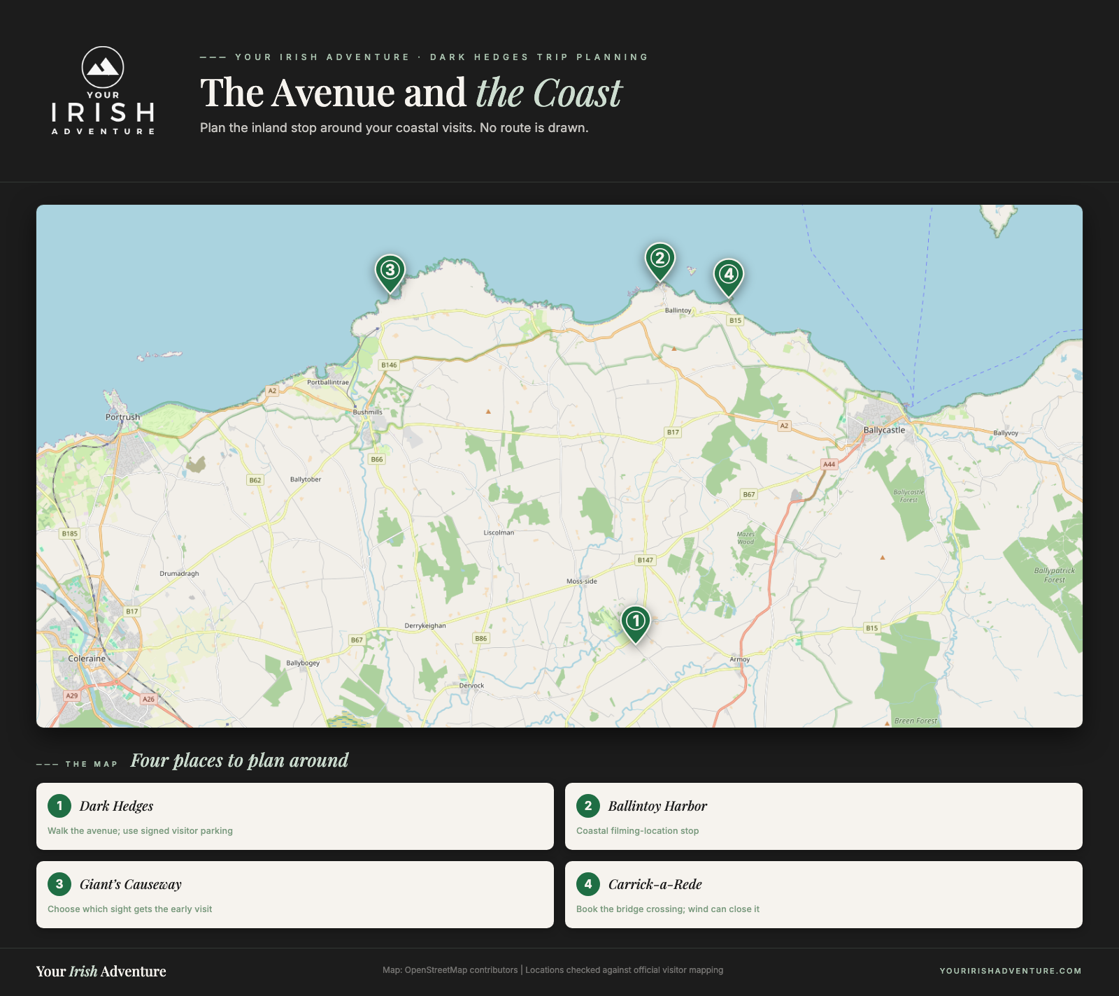 Map of the Dark Hedges and nearby Ballintoy Harbor, Giant’s Causeway, and Carrick-a-Rede