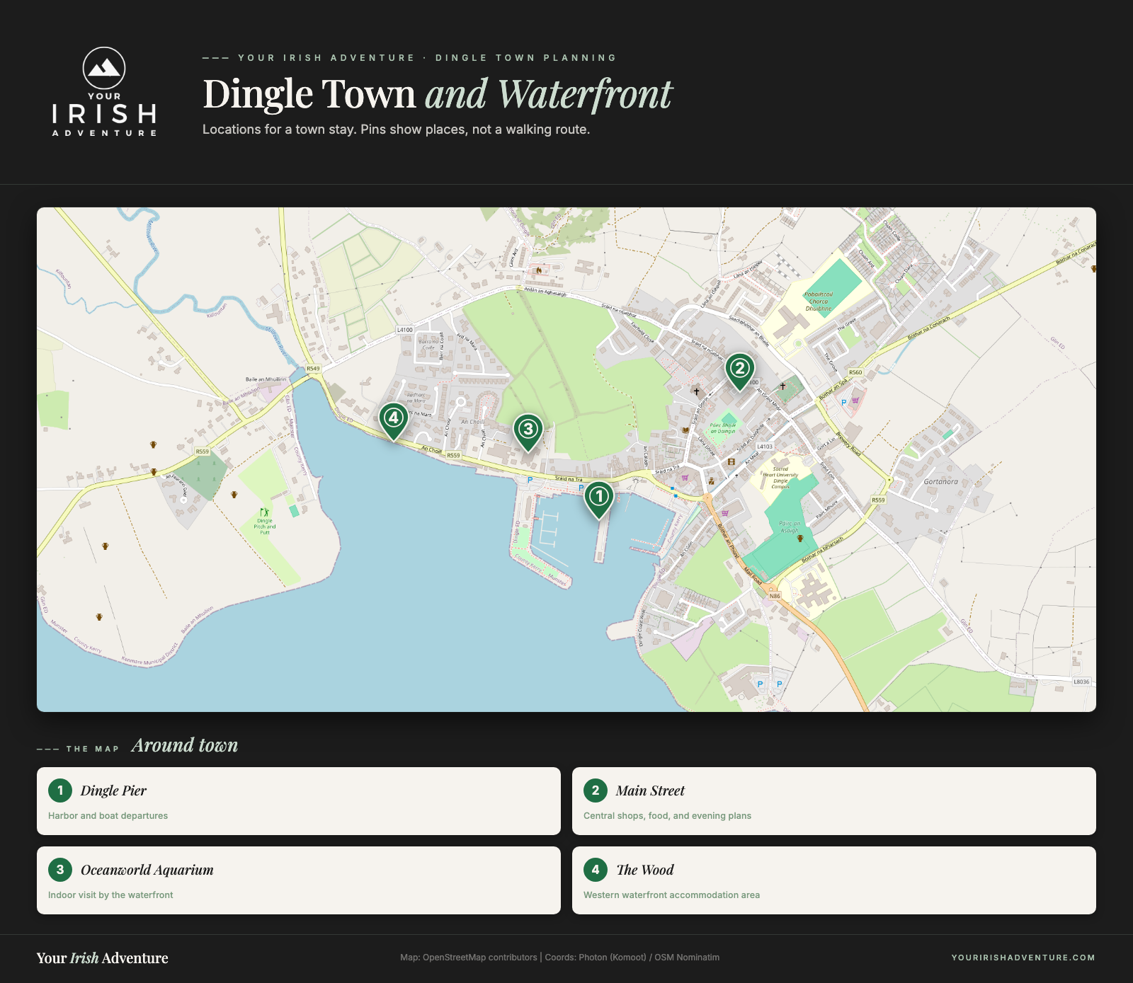 Dingle map locating the pier, Main Street, Oceanworld Aquarium, and The Wood