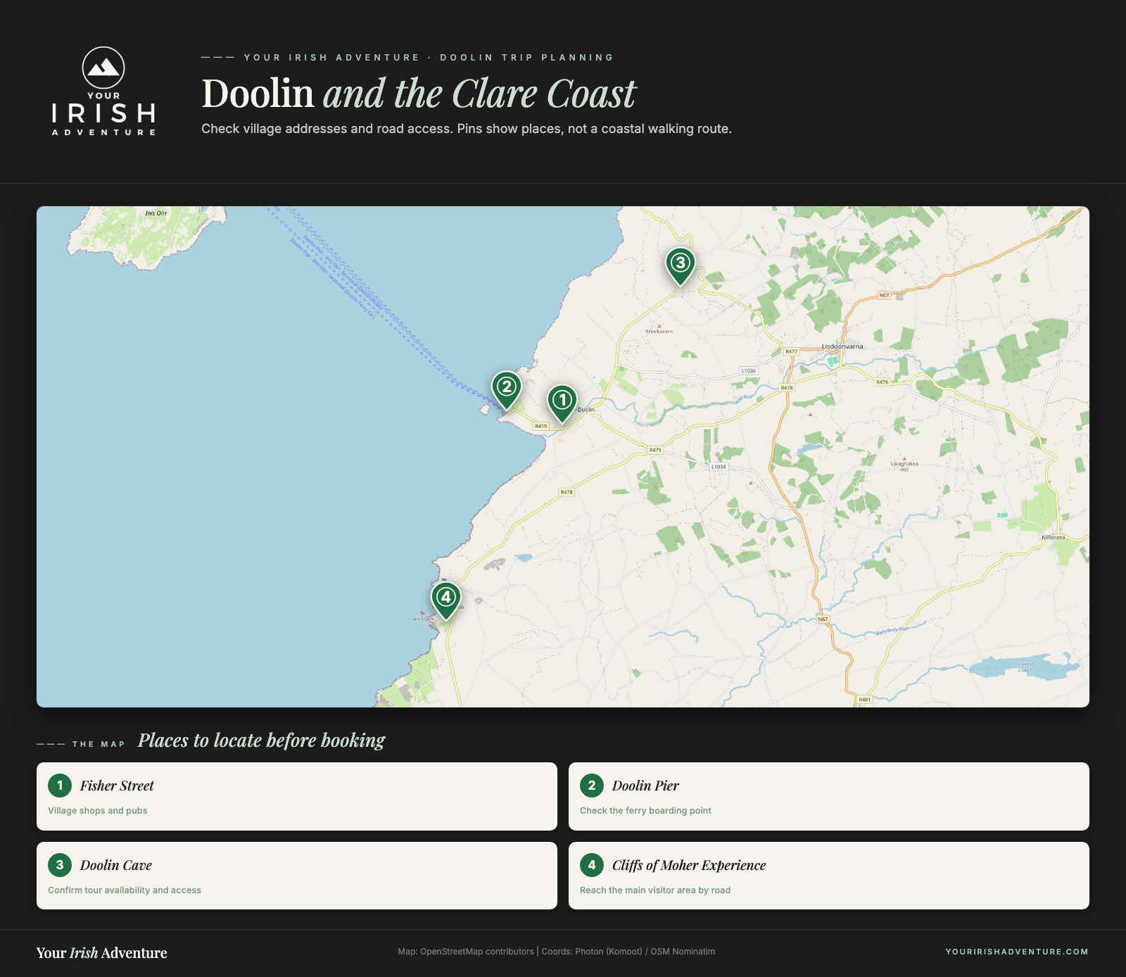 Map locating Fisher Street, Doolin Pier, Doolin Cave, and the main Cliffs of Moher visitor area