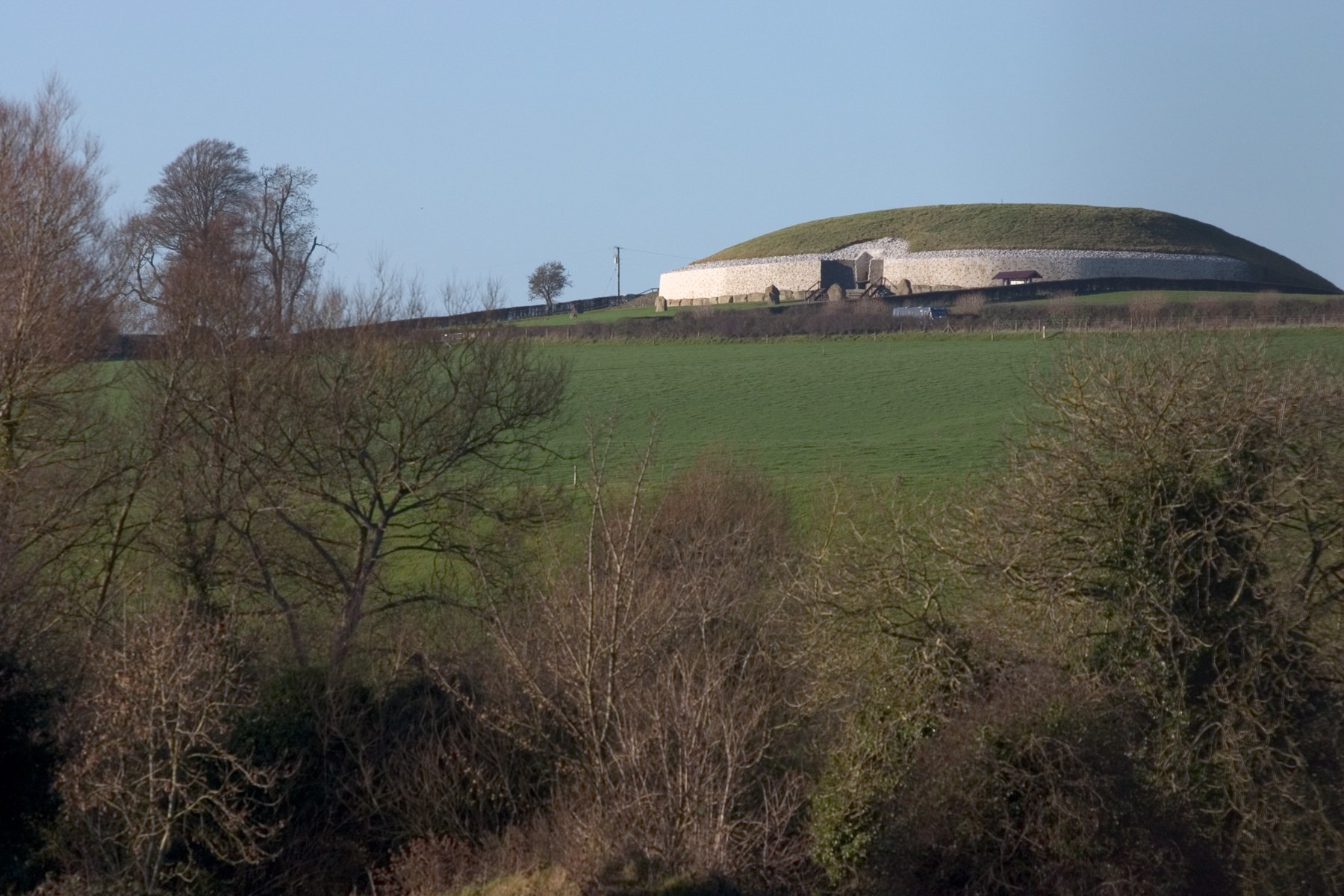 Newgrange seen across the surrounding fields