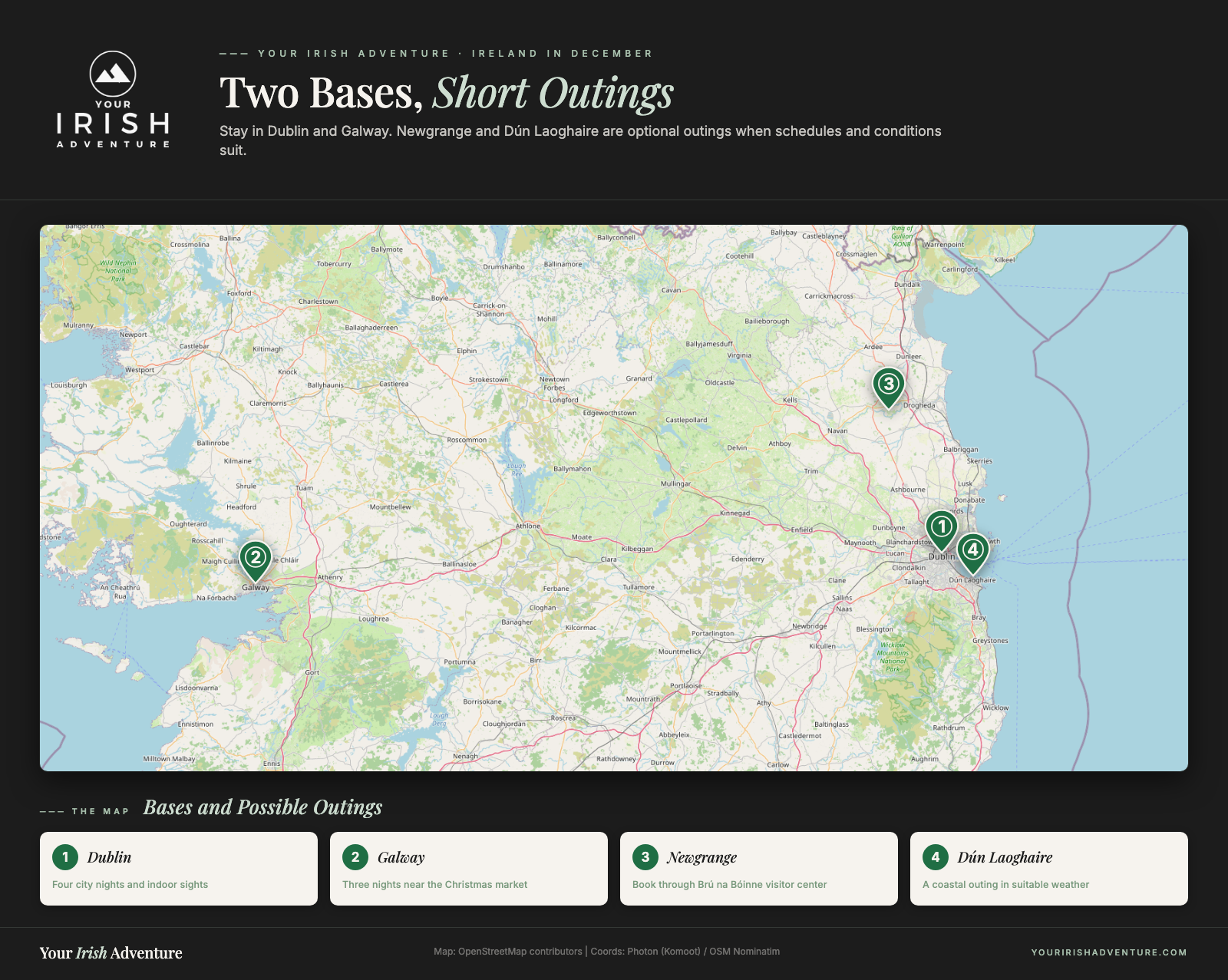 Map showing Dublin and Galway bases, Newgrange, and Dún Laoghaire for Ireland in December