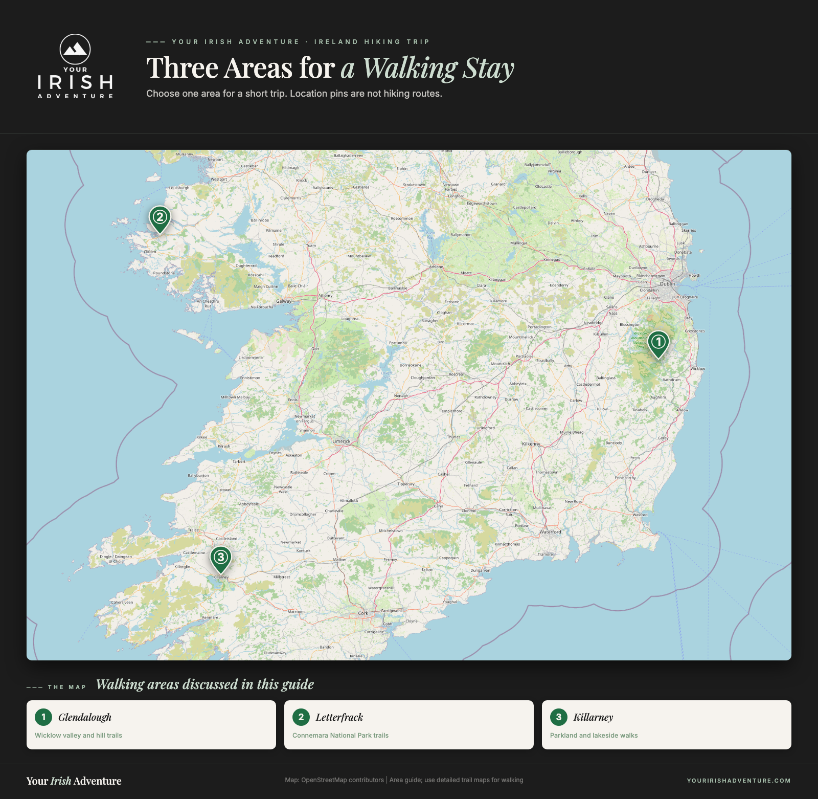 Ireland map locating Glendalough, Letterfrack, and Killarney as walking bases