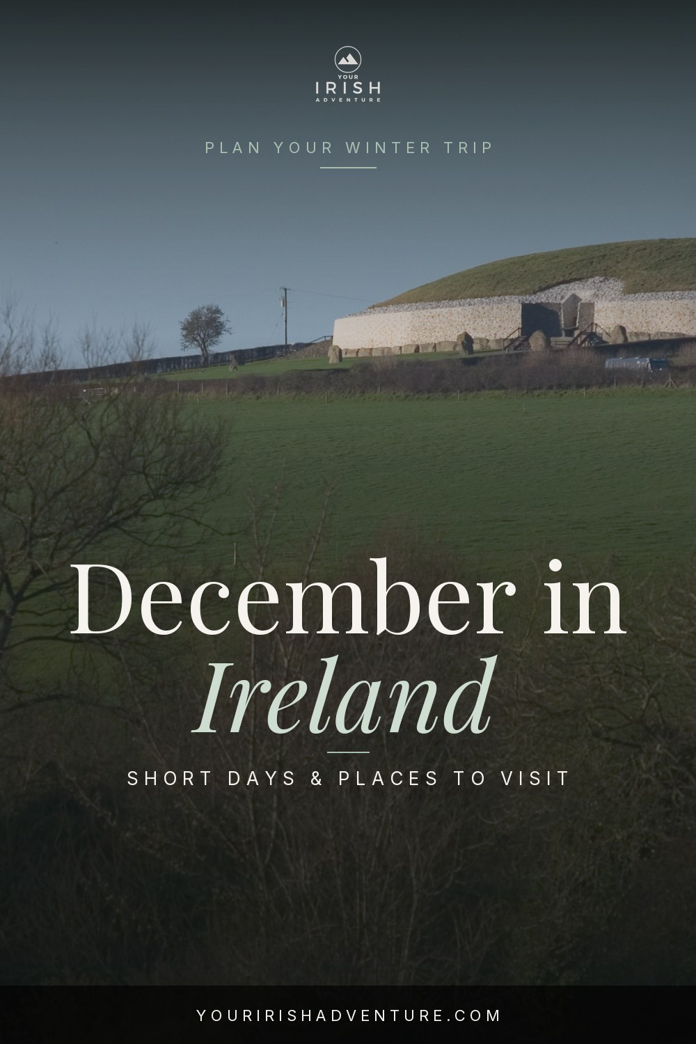 Ireland in December travel planning pin with Newgrange and bare winter trees
