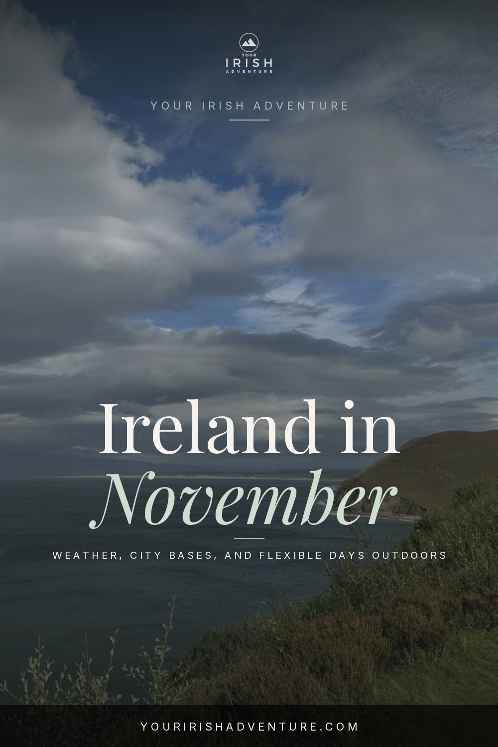 Ireland in November travel guide pin with a Kerry coastal photograph