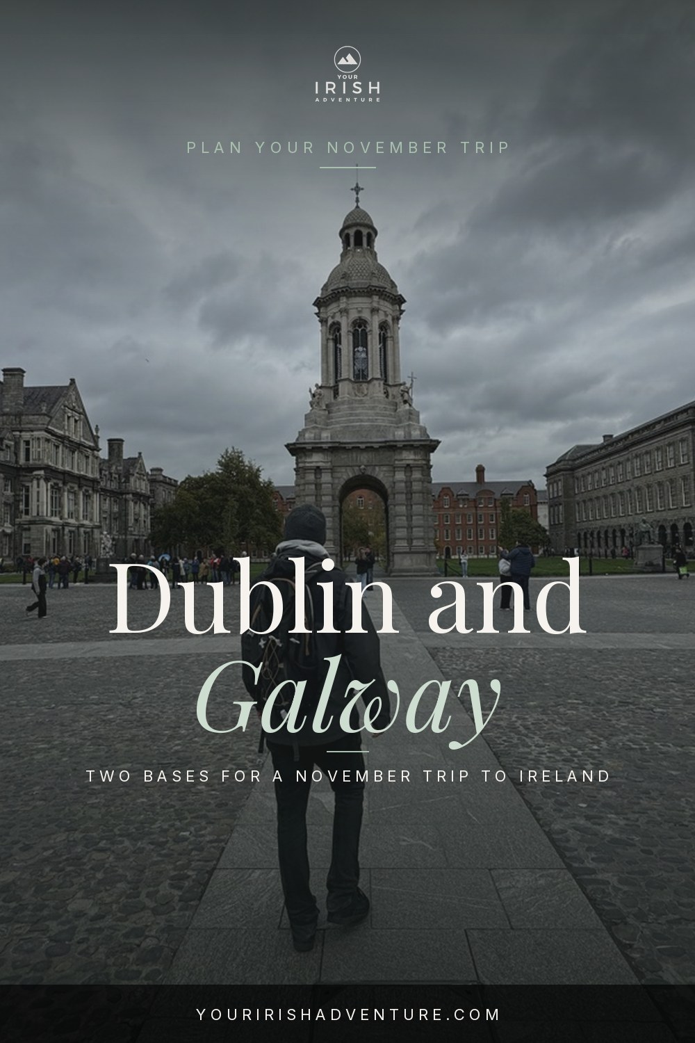 Dublin and Galway November travel plan pin with Trinity College photograph