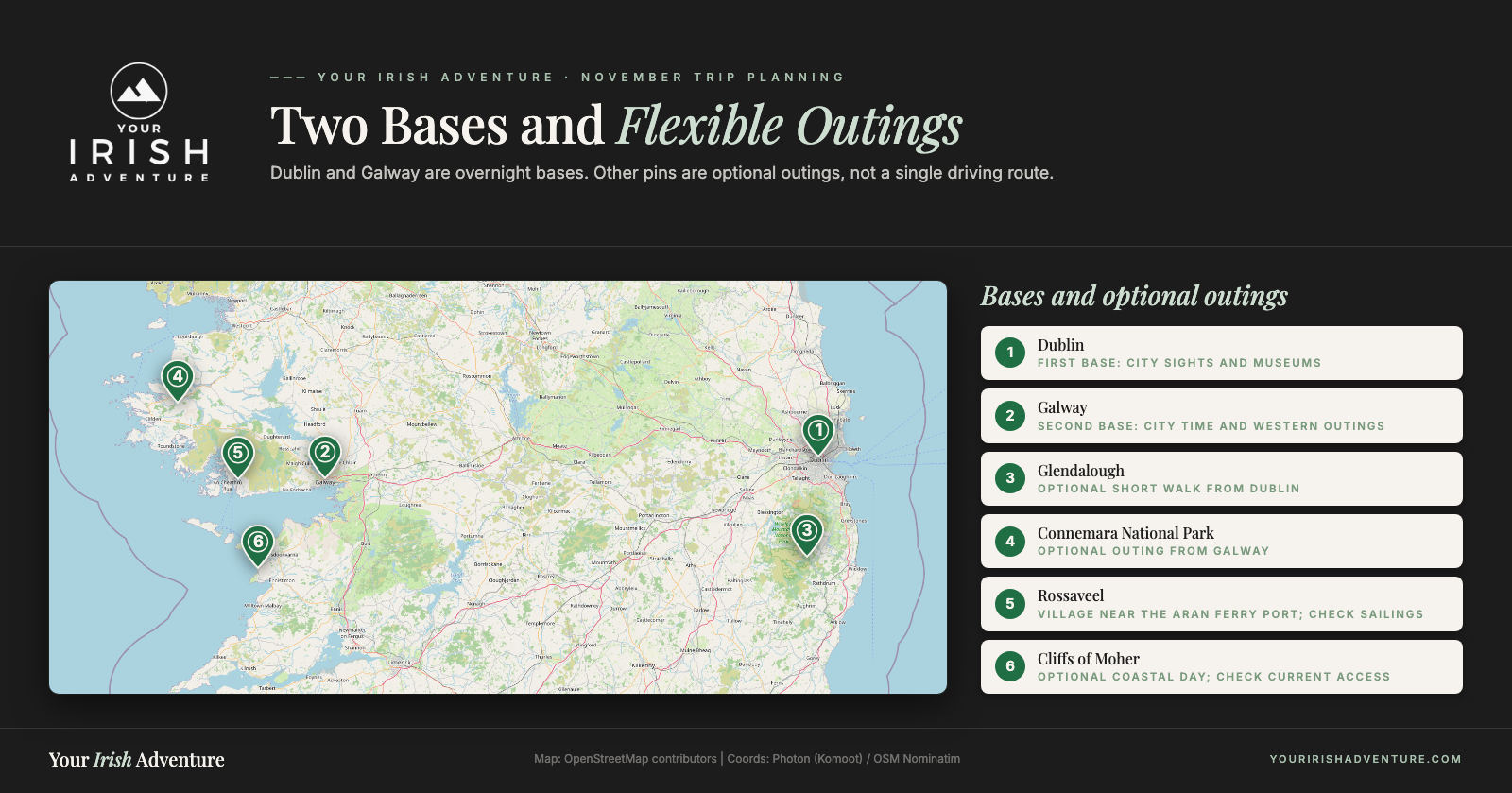 Map of Dublin and Galway bases with optional Glendalough, Connemara, Rossaveel, and Cliffs of Moher outings