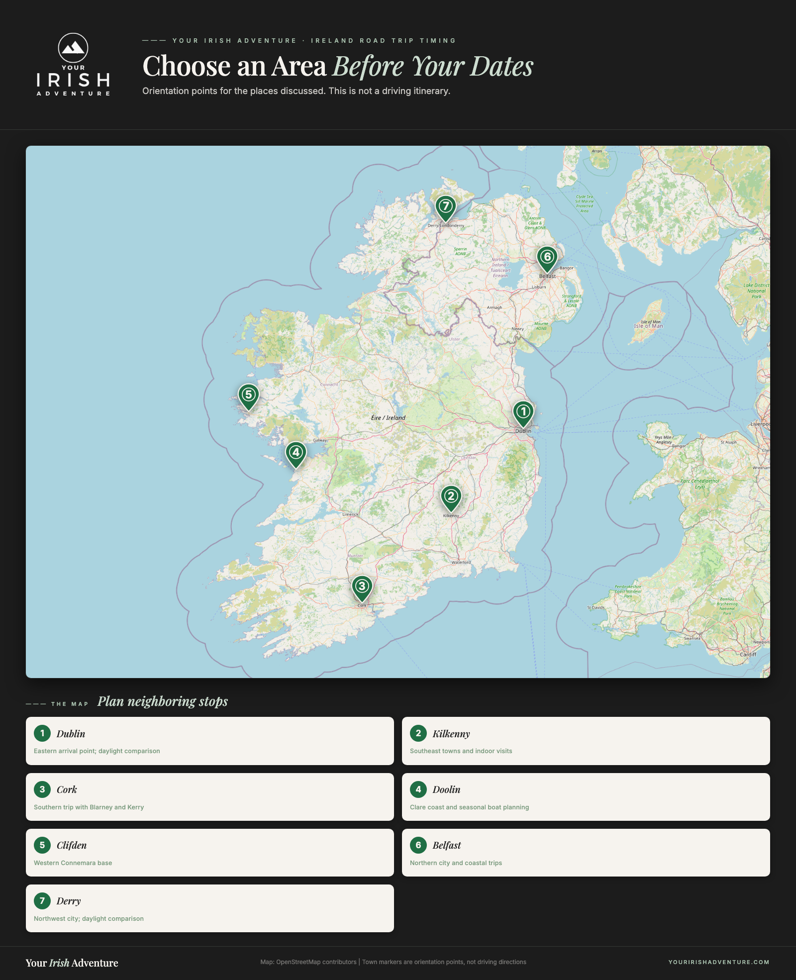 Ireland road trip orientation map showing Dublin, Kilkenny, Cork, Doolin, Clifden, Belfast, and Derry