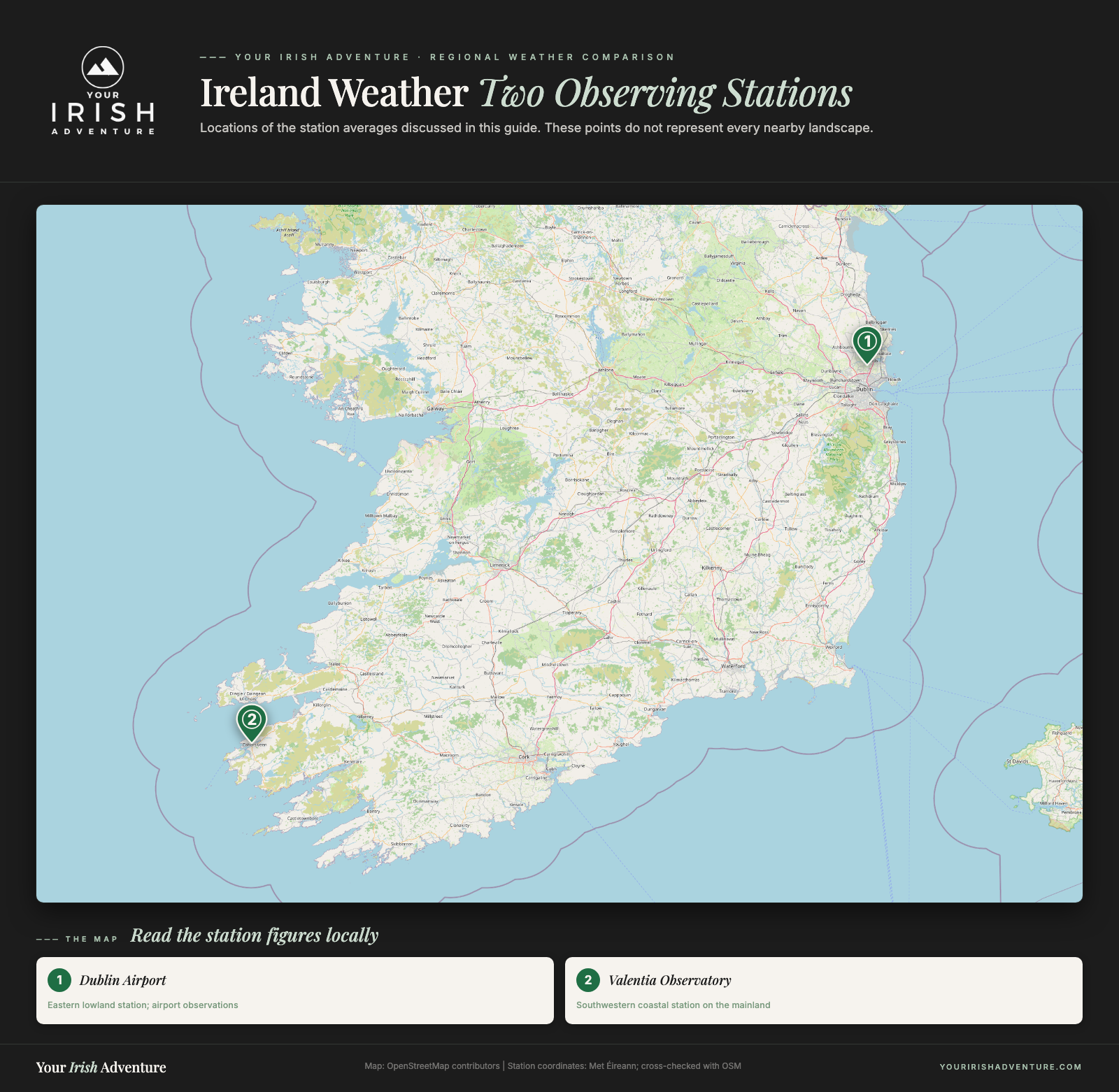 Map locating Dublin Airport in eastern Ireland and Valentia Observatory on the mainland near Cahersiveen in Kerry