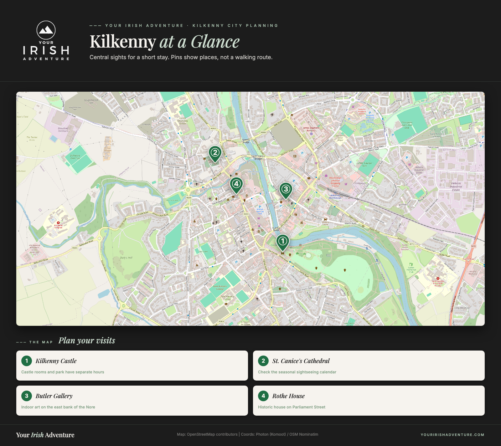 Map showing Kilkenny Castle, St. Canice's Cathedral, Butler Gallery, and Rothe House