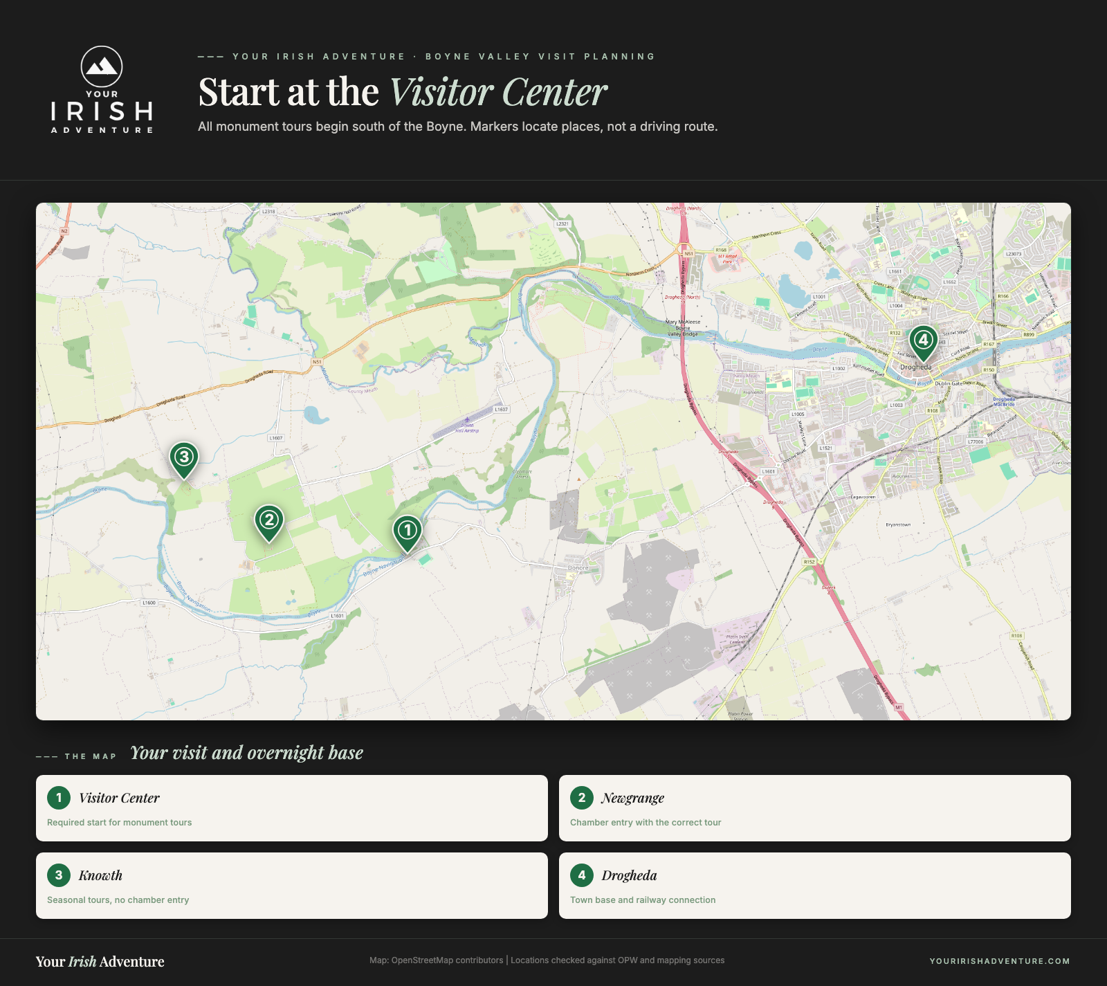 Map locating Brú na Bóinne Visitor Centre south of the Boyne, Newgrange, Knowth, and Drogheda